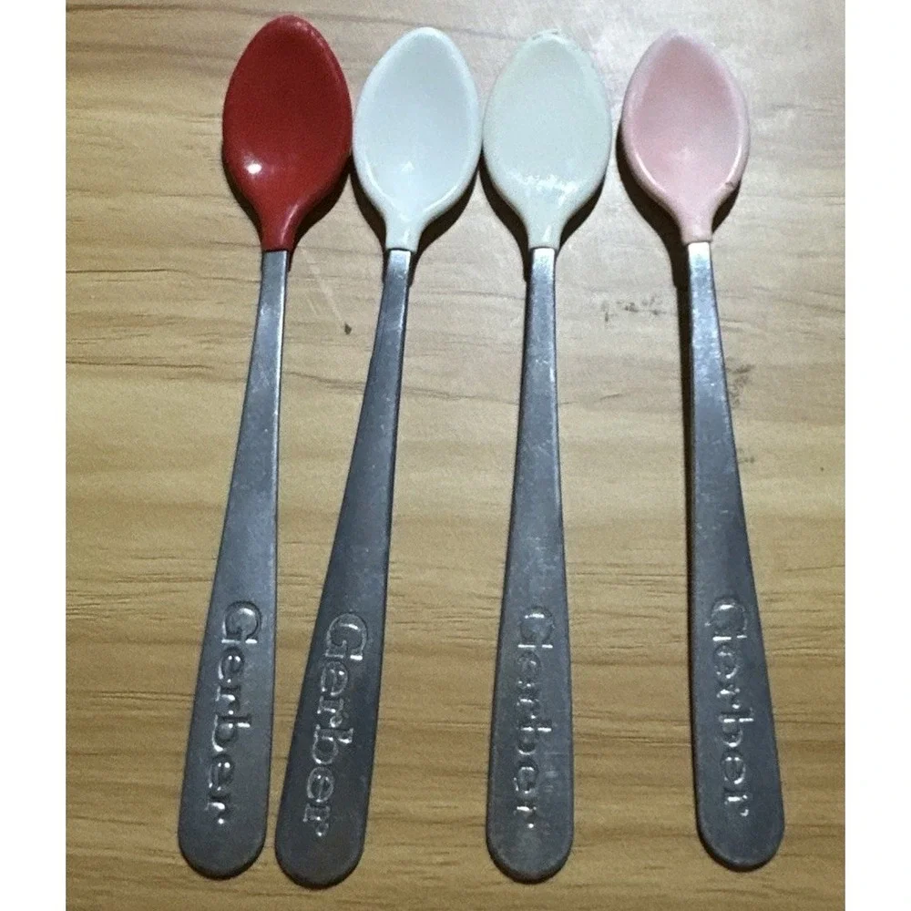 GERBER Lot of 4 baby spoons soft tip Made In USA Stainless Red Pink White